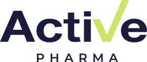 active pharma logo dark blue with green v